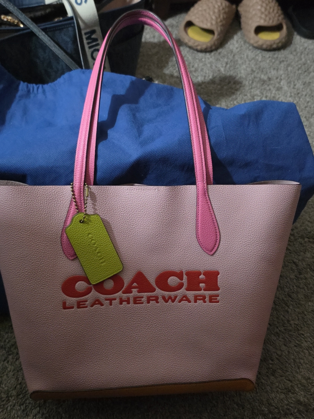 Coach Pink Leather Tote with Red Logo and Green Tag